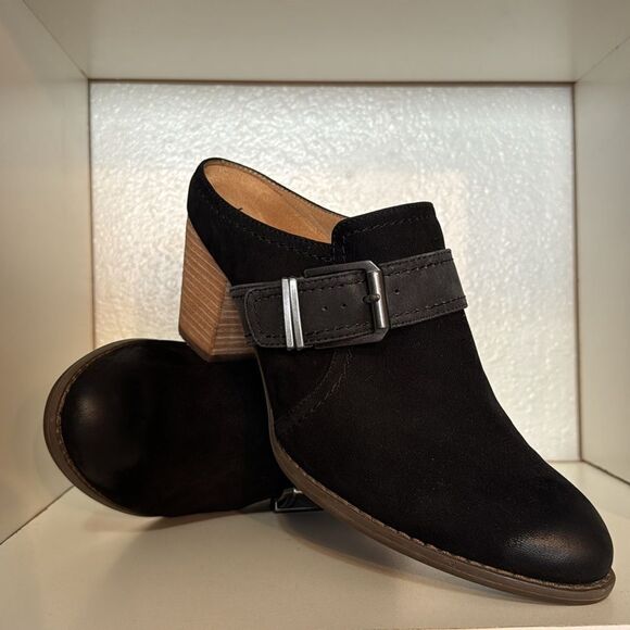 Vionic Black Suede Block Heel Mules Buckle Slip On Comfort Shoes Minimalist - Picture 5 of 14